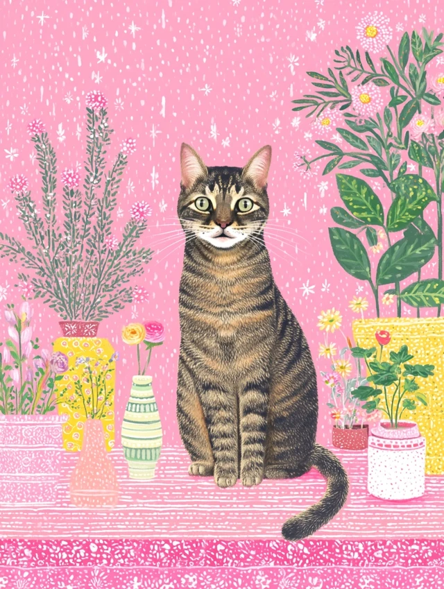 Happy Tabby Cat Folk Art Illustration