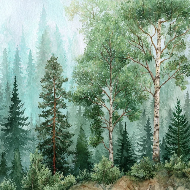 Forest Watercolor Painting Green Trees Birch Pines