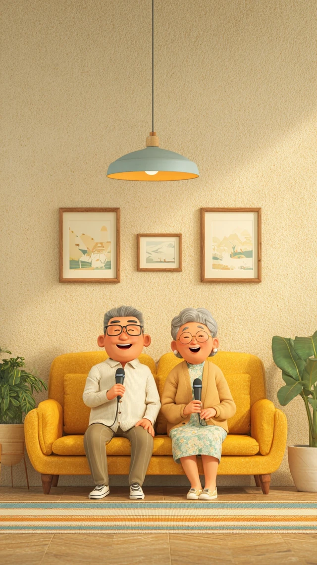 Joyful Grandparents Singing in Cozy Living Room