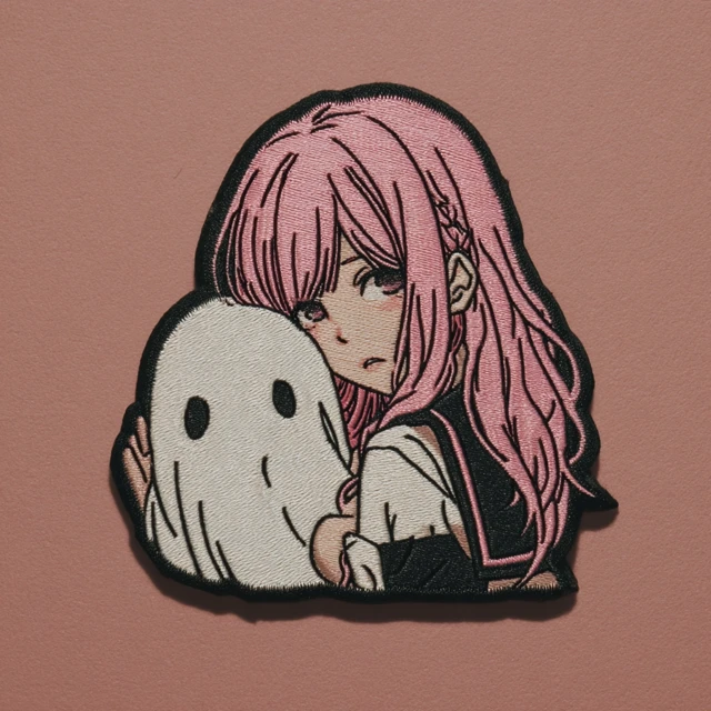 Anime Badge Pink Haired Girl and Ghost