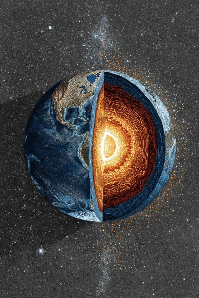 Artistic Earth Cutaway with Starry Core and Sky