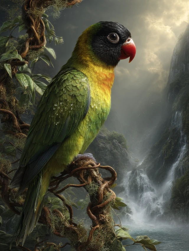 Emerald Lovebird by Waterfall Wildlife Photograph