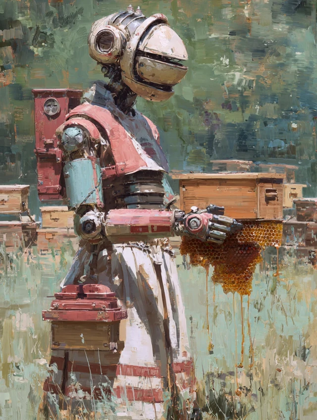 Retrofuturistic Robot Beekeeper Painting