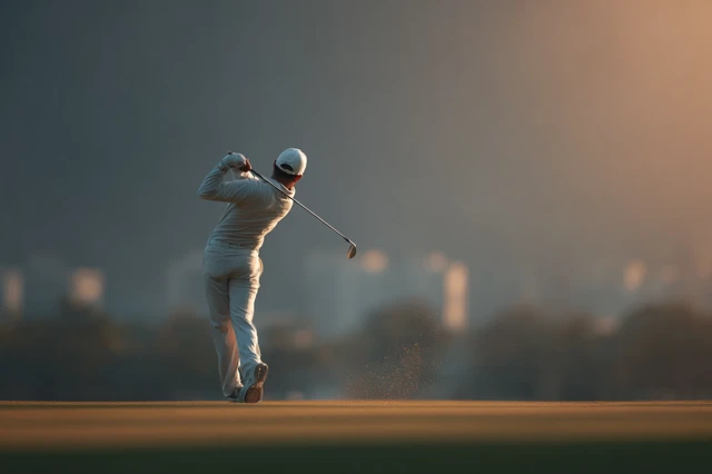 Asian Golfer Swinging Golf Club on Green Field Sunrise