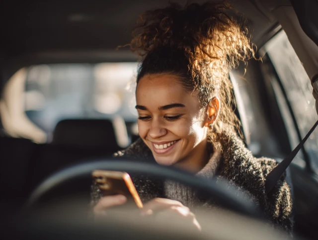 Young Woman Smiling at Phone in Car