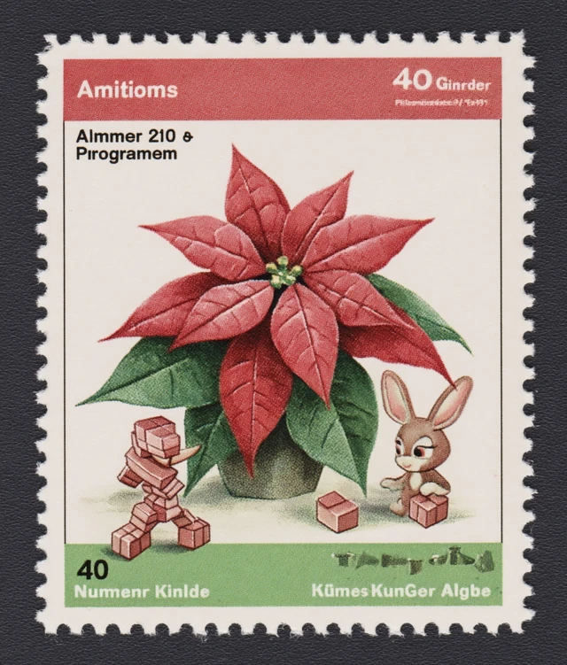 Vintage Stamp with Cubed Poinsettia Flower and Bunny