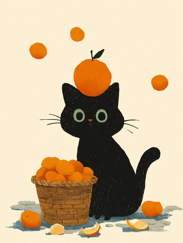 Cute Black Cat with Orange Fruit Art by Hyunjoo Jeon