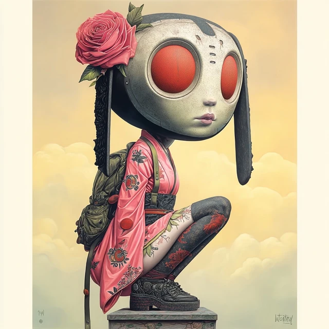 Surreal Robot and Girl Artwork Whimsical Illustration