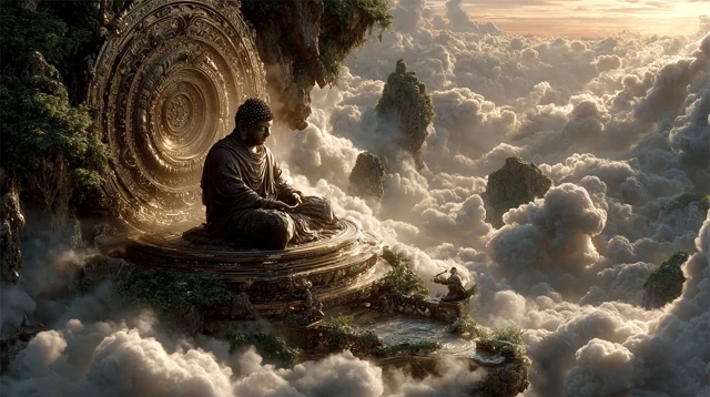Buddha in Heavenly Clouds Surreal Landscape