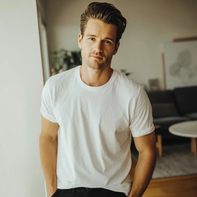 Male Model in White Tee in Living Room