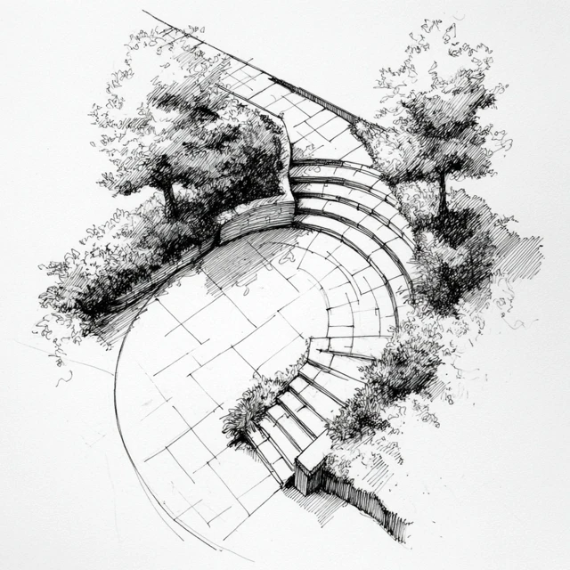 Curved Steps Garden Design Sketch