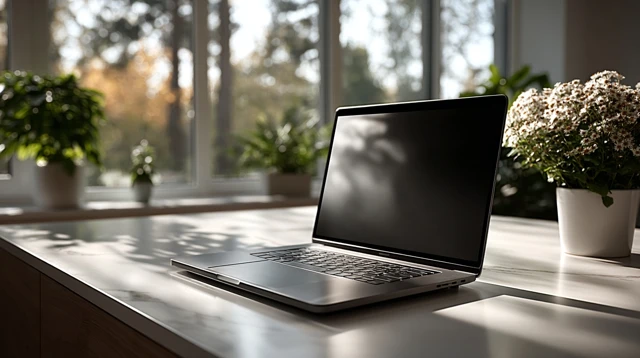 Modern Laptop on Desk Minimalist Office Design
