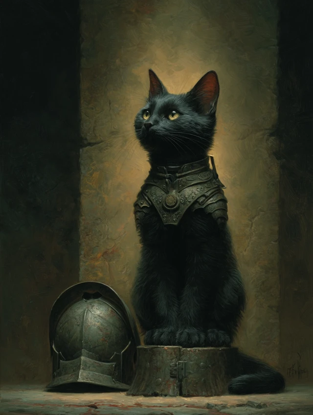 Black Cat Knight in Armor Gothic Painting