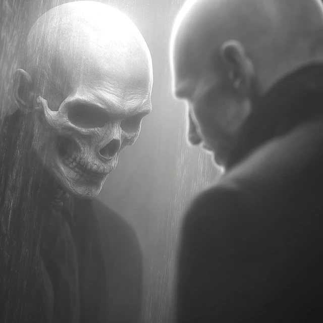 Man Sees Death in Mirror Close Up Surreal Art