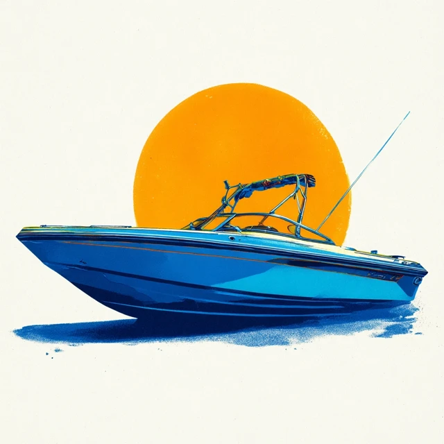 Blue Speedboat Illustration with Sun and White Background