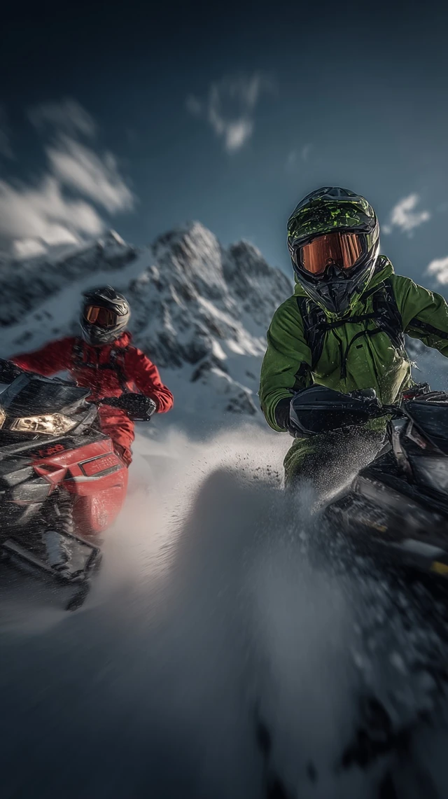 Snowmobiles in the Mountains Action Shot
