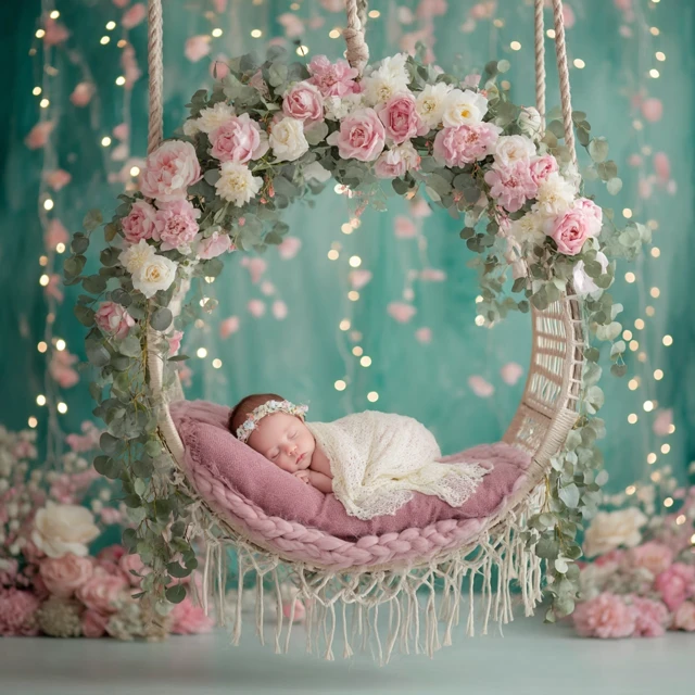 Newborn Baby Sleeping in Floral Swing Portrait