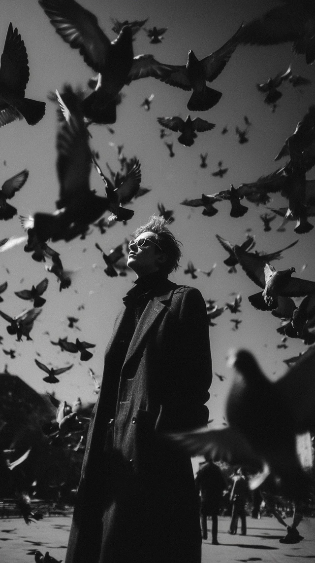 Man and Birds in Park Black and White Nostalgic Photo