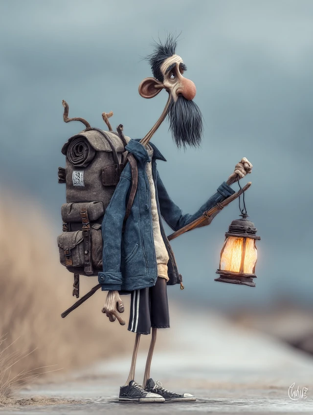 Stylized Cartoon Man with Backpack in Meadow
