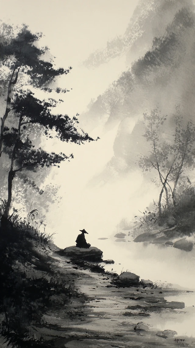 Korean Ink Wash Painting of a Traveler in Nature