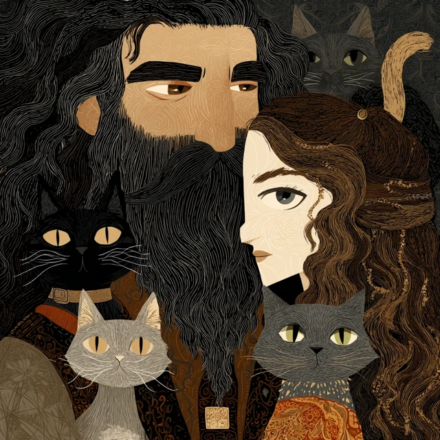 Couple with Cats in Elegant Art Style