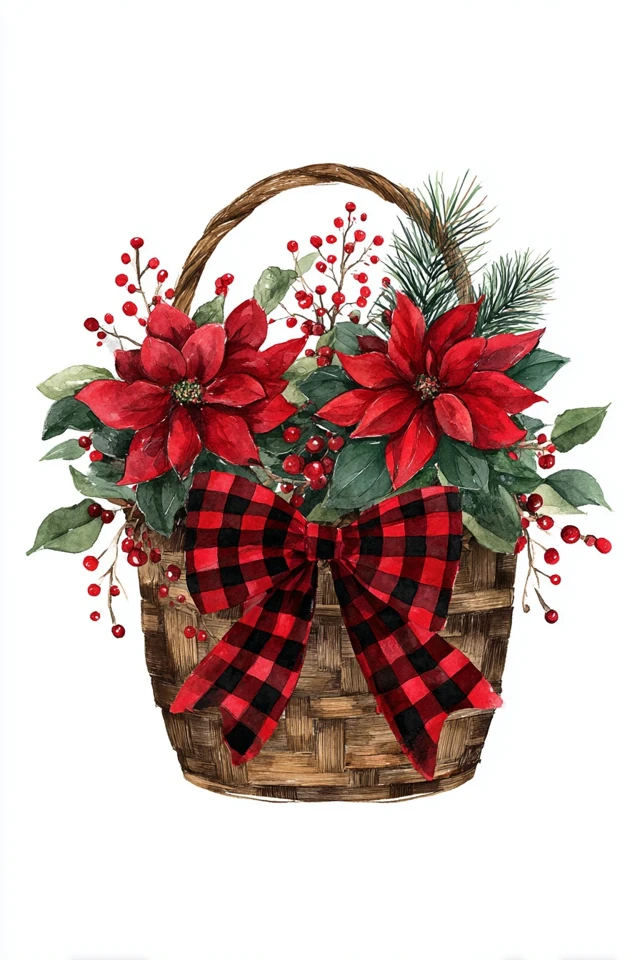 Christmas Poinsettia Basket Watercolor Art