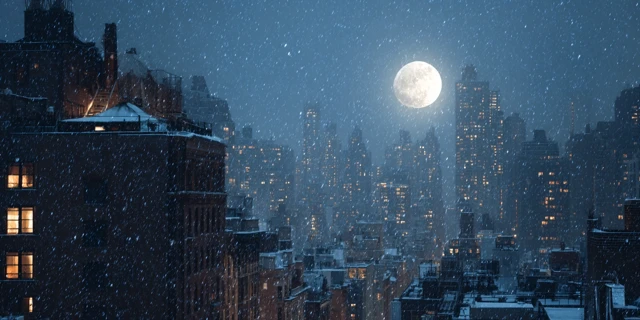 New York City Rooftop Winter Night Snowfall