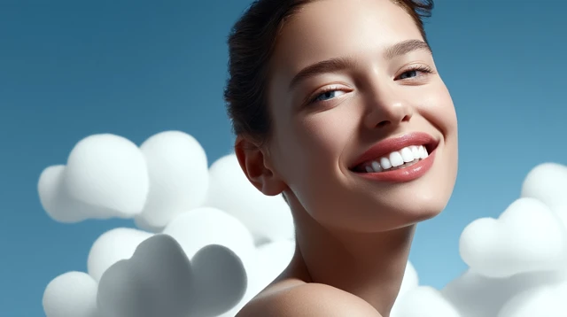 Smiling Woman with White Teeth in Sky Clouds