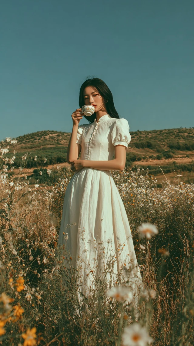 Woman in White Dress Nature Scene Serene Beauty
