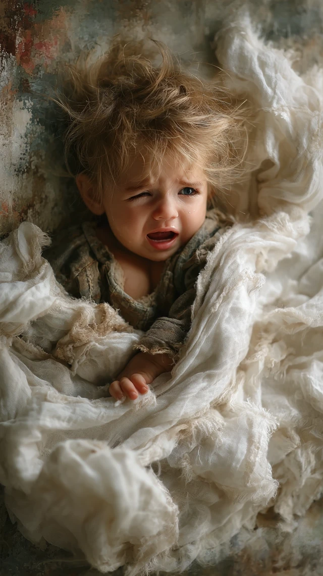 Heartrending Portrait Crying Infant Wrapped in Linen