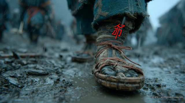 Ancient Chinese Footwear Journey on Muddy Path