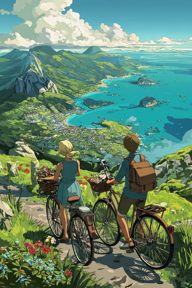 Studio Ghibli Anime Bicycle Ride Coastal Landscape