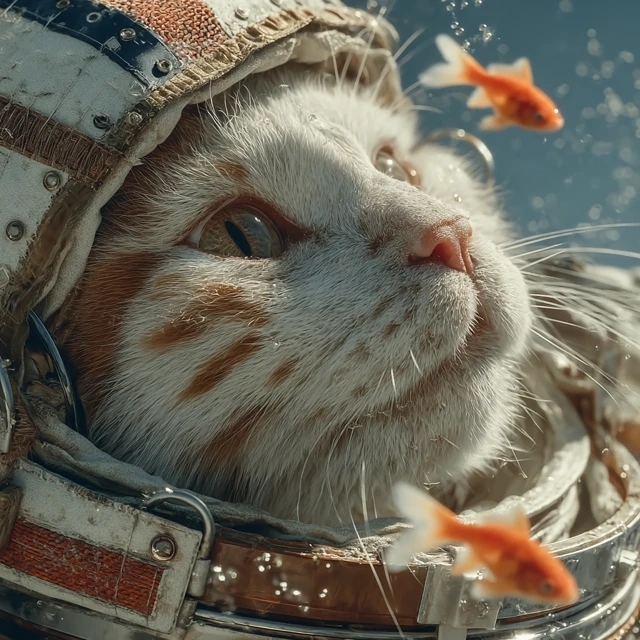 Astronaut Cat in Space with Goldfish Cyberpunk Art