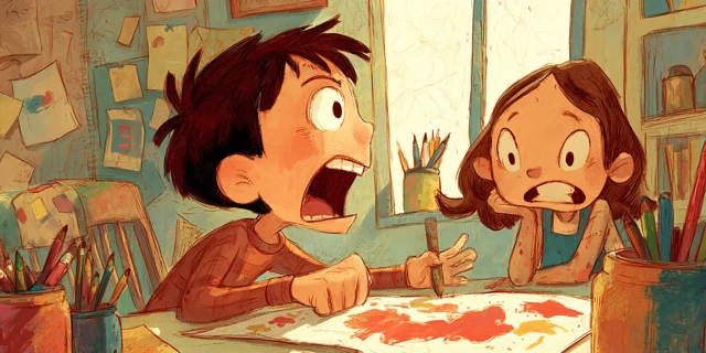 Childrens Book Illustration: Angry Boy in Classroom