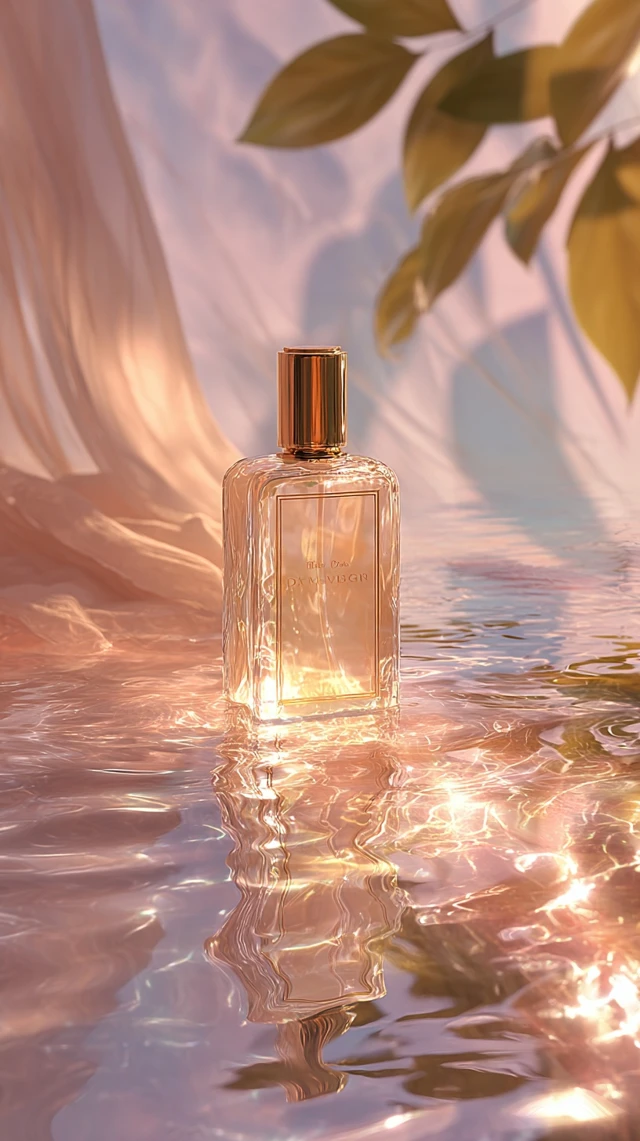 Elegant Body Lotion Bottle on Water Golden Hour