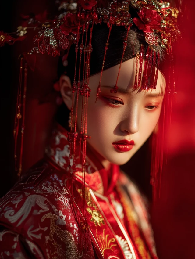 Elegant Woman in Red Wedding Dress