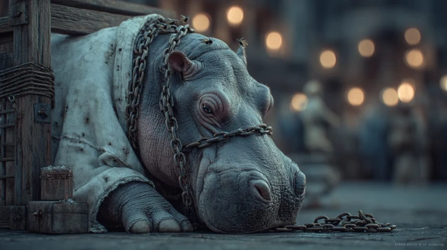 Hippopotamus in Shirt on Medieval Street