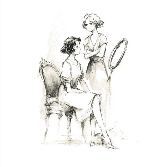 Vintage Sketch Two Women Mirror Reflection