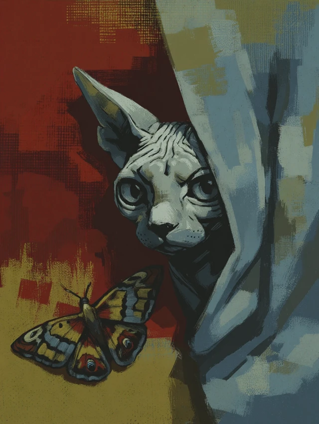 Cute Devon Rex Cat and Luna Moth Art