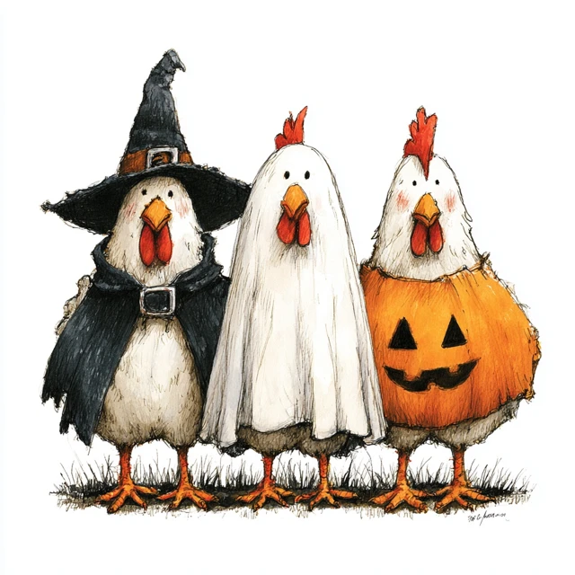 Halloween Chickens in Costume Cartoon Illustration