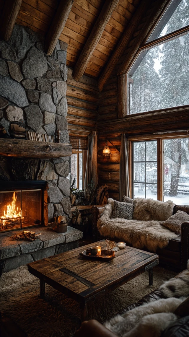 Cozy Winter Log Cabin Living Room Fireplace Snow