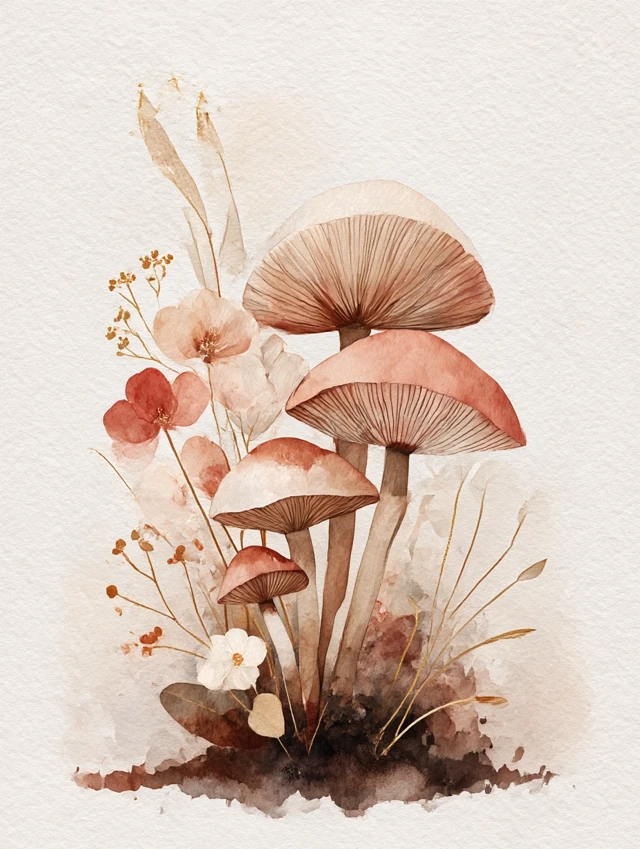 Watercolor Mushroom and Floral Art