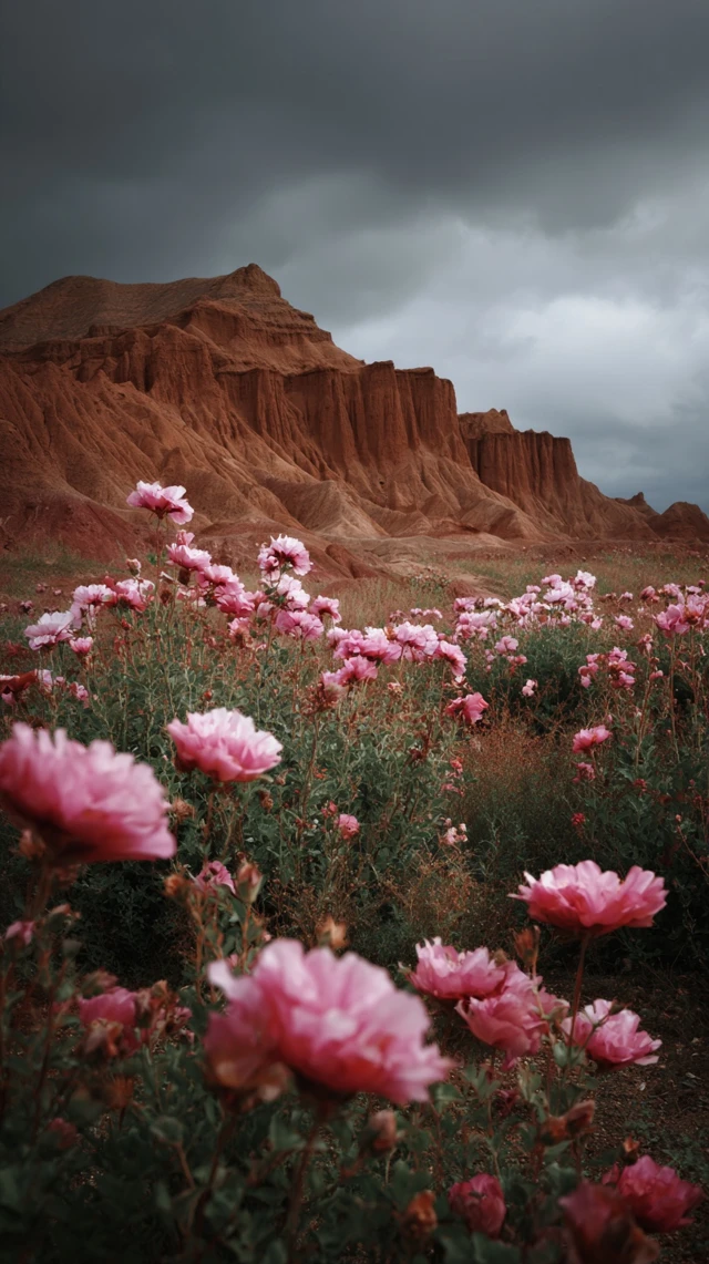 Pink Flowers in Gobi Desert Landscape