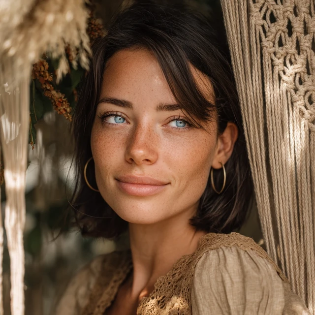 Beautiful Woman with Blue Eyes Boho Portrait