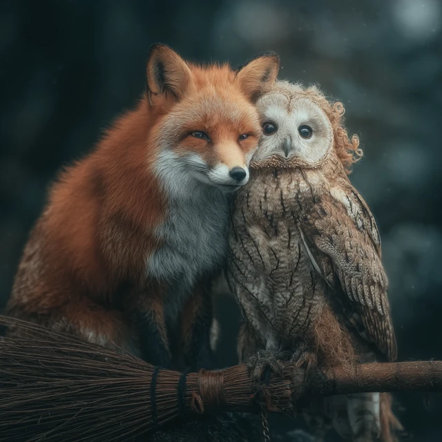 Fox and Owl Embracing Realistic Photo