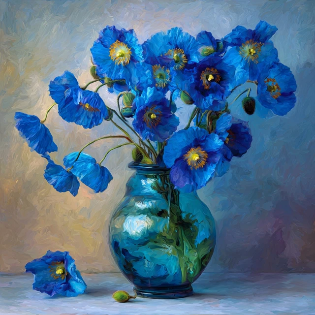 Blue Poppy Flowers in Vase Van Gogh Style Painting