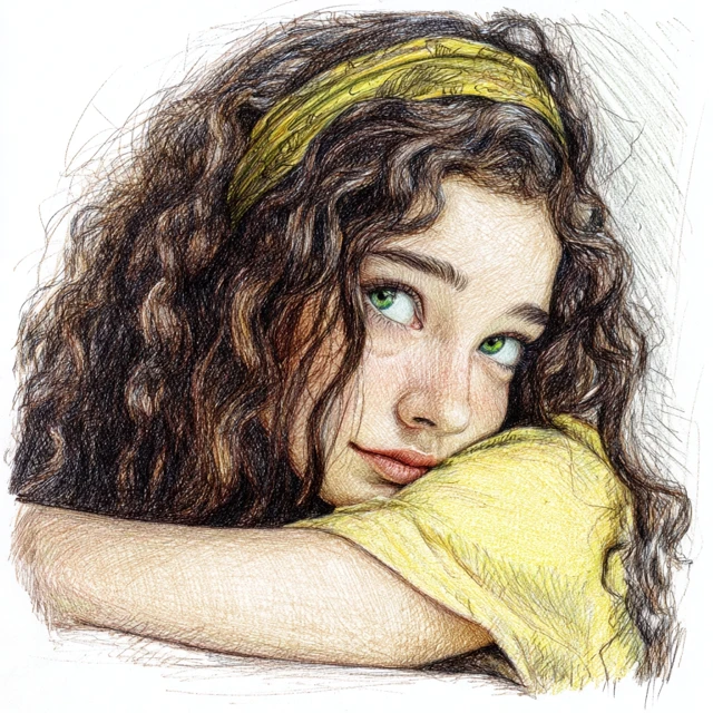 Girl Portrait Colored Pencil Sketch Hand Drawn Art
