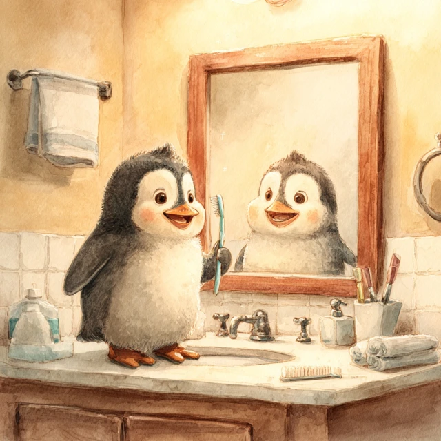Cute Baby Penguin Brushing Teeth Illustration