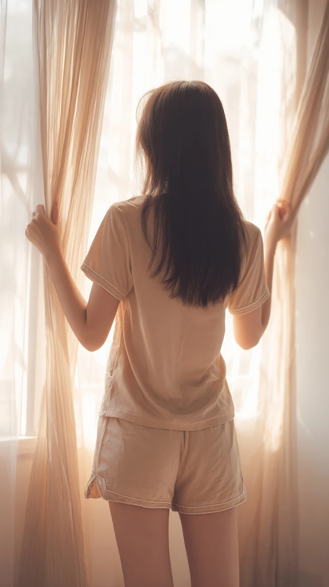 Woman Opening Curtains Morning Light