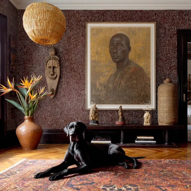 Afrocentric Interior Design with Dog and Artwork